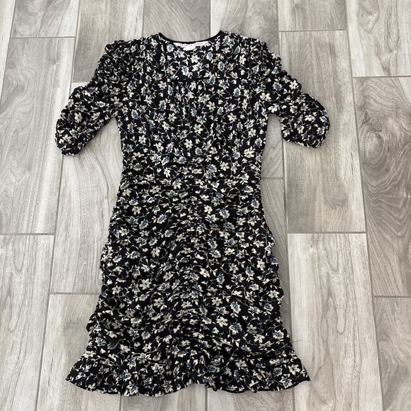 Veronica Beard Josephine Ruched Floral Mini Dress Women’s Sz 6 Black Blue Silk - Picture 1 of 9